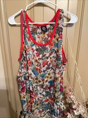 bobeau Floral Scoop Tank with Coral Trim